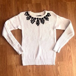 Cream Knit Sweater with Black Jeweled Neckline